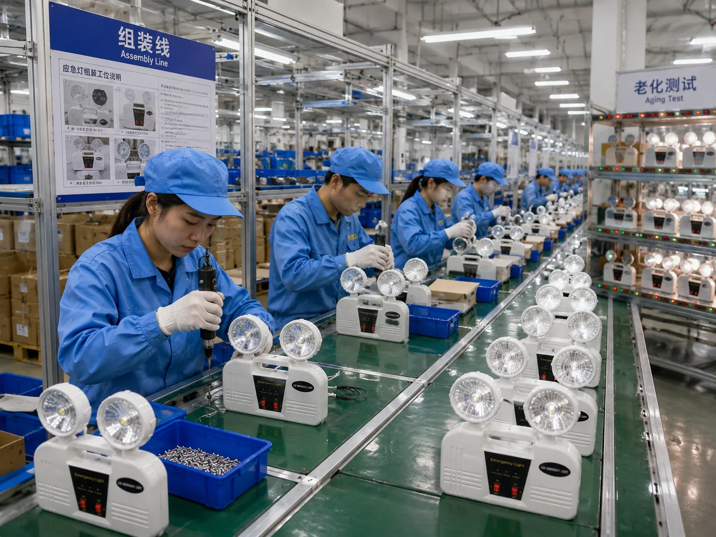 Emergency light assembly line at Rayhor Lighting