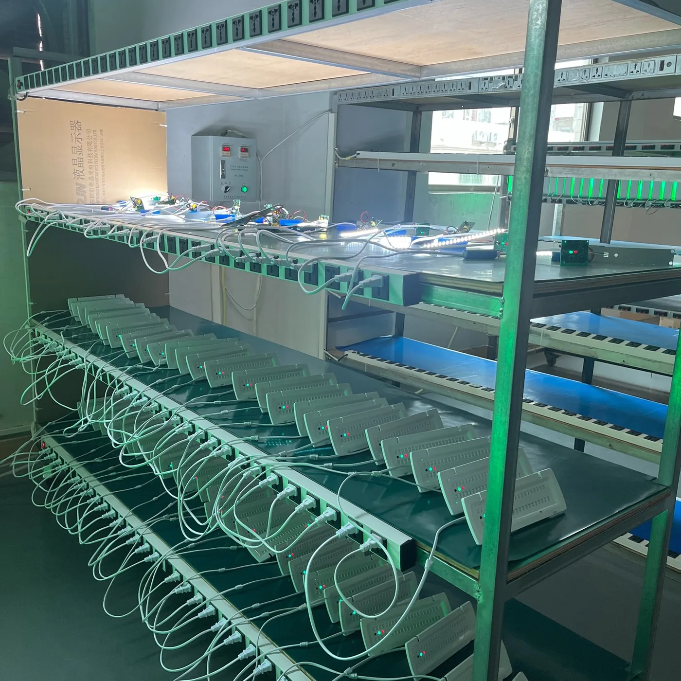 Emergency lights arranged on production test racks