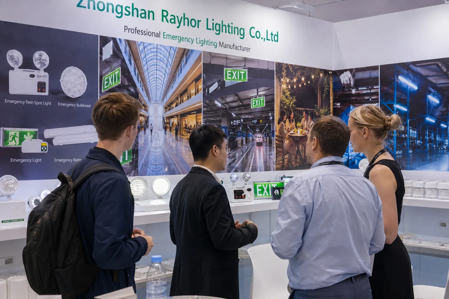 Rayhor team presenting emergency lighting products to international buyers at an exhibition