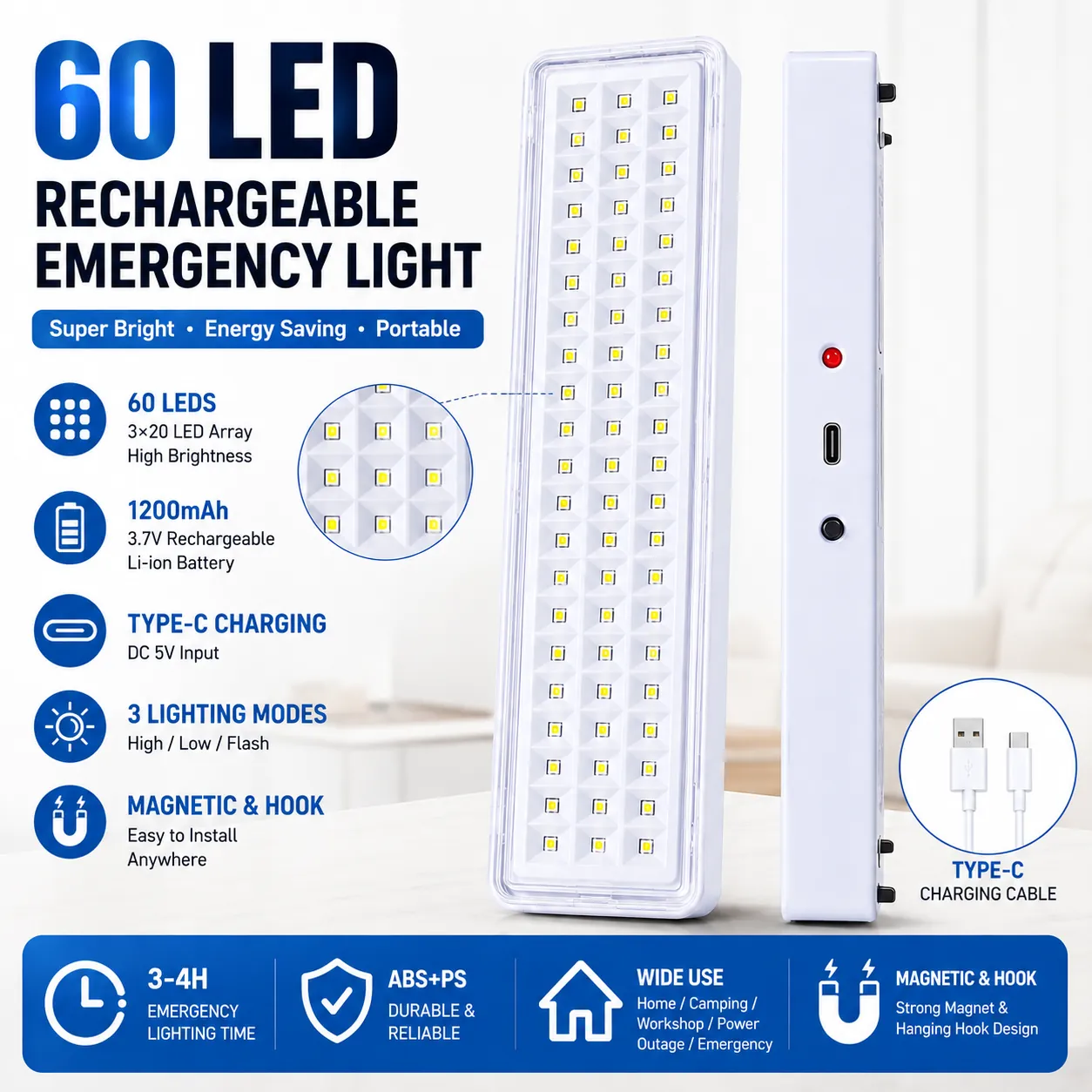 60-LED Type-C Rechargeable Emergency Work Light with Magnet and Hook