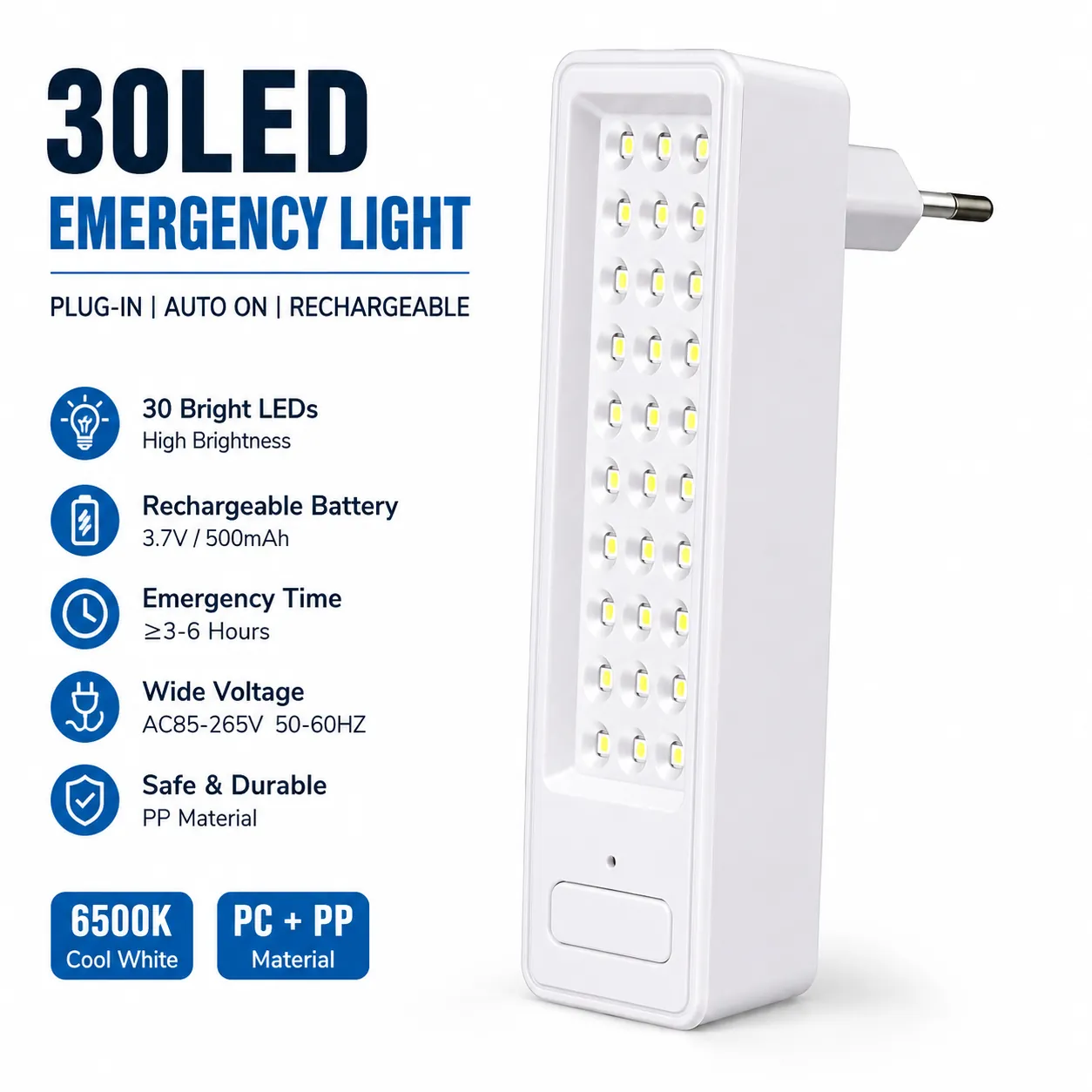 30-LED Plug-In Wall-Mounted Rechargeable Emergency Light