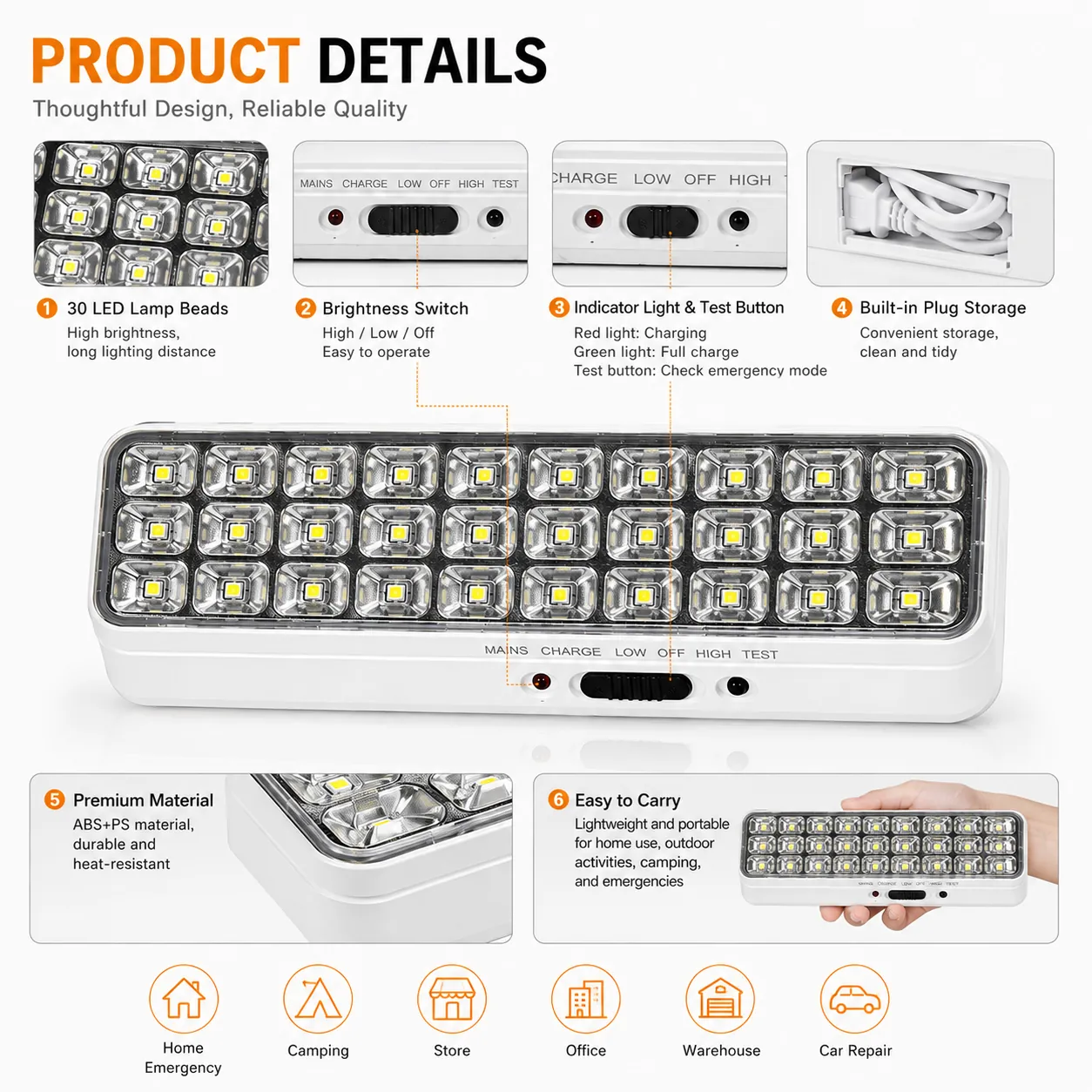 CT606 — 30-LED Plug-In Rechargeable Emergency Light with Reflector Lens view 7