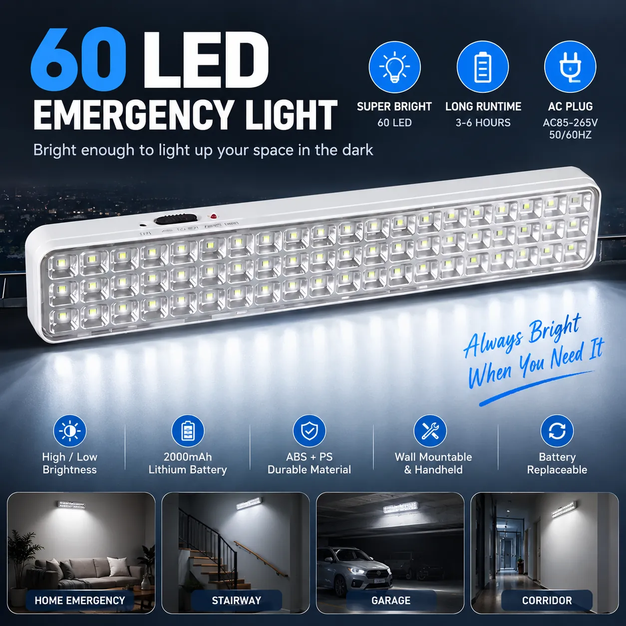 CT607 — 60-LED Wall-Mounted Rechargeable Emergency Light Bar view 9