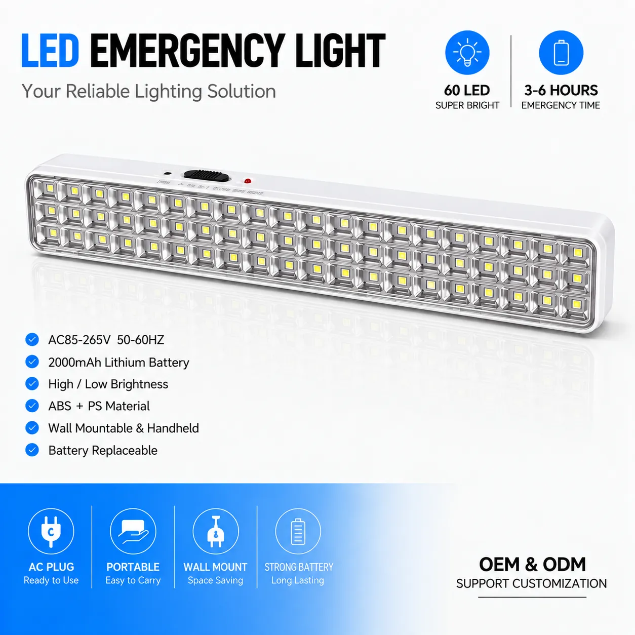 CT607 — 60-LED Wall-Mounted Rechargeable Emergency Light Bar view 10
