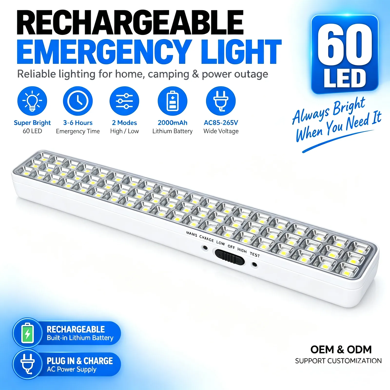 60-LED Wall-Mounted Rechargeable Emergency Light Bar