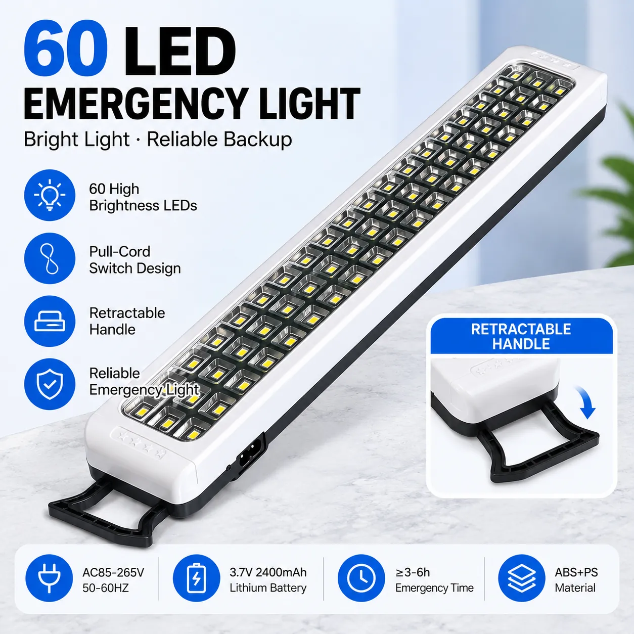 60-LED Rechargeable Emergency Light with Pull-Cord Switch