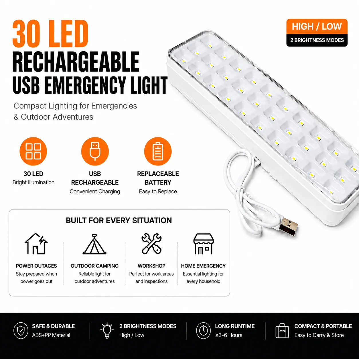 CT613 — 30-LED Rechargeable Emergency Light Bar with USB Cable view 4