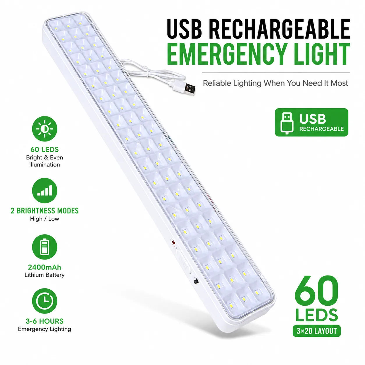 CT614 — 60-LED Rechargeable Emergency Light Bar with USB Cable view 3