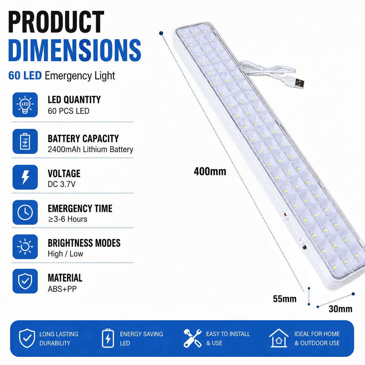 CT614 — 60-LED Rechargeable Emergency Light Bar with USB Cable view 4